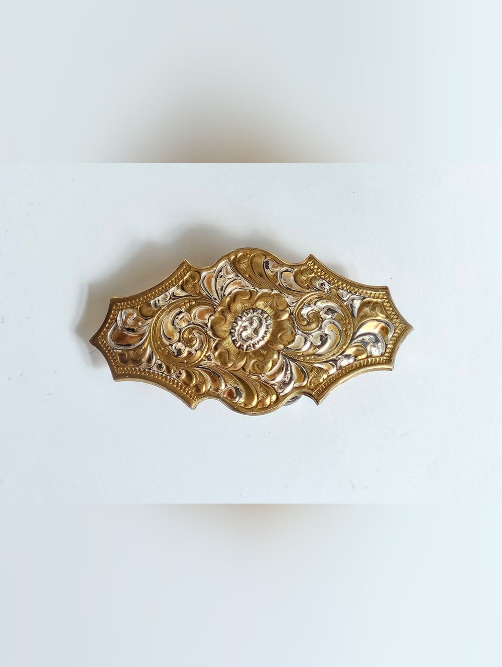Vintage Crumrine Floral Belt Buckle, Two-Toned Heavy Silverplate on Bronze 3"